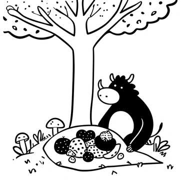 The Gruffalo, a large creature with a spiky back and tusks, is sitting on a patch of grass under a tall tree. He is surrounded by an assortment of forest fruits including blackberries, strawberries, and mushrooms, all arranged on a large leaf. The tree's branches stretch out above him, providing shade. Scattered leaves and twigs are on the ground, and there are small mushrooms nearby. A gentle breeze causes some leaves to flutter around the Gruffalo as he enjoys his feast.