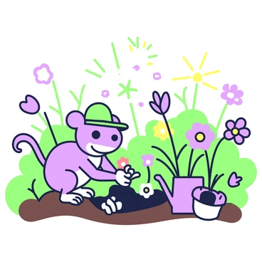 A cheerful grenouille is gardening in a vibrant flower garden. The grenouille is depicted with a wide smile and bright eyes, crouched down on its webbed feet. It is wearing a tiny green hat and is gently placing colorful flowers into the soil. The garden is filled with a variety of flowers, each with different shapes and sizes, creating a lively scene. Several butterflies are fluttering around the flowers, and a small watering can rests nearby, ready for use. In the background, there are patches of greenery and a few sunbeams filtering through.