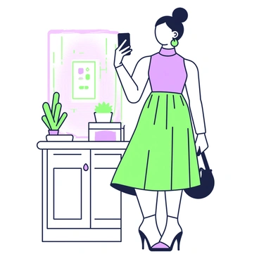 A social media fashion influencer is standing in a well-lit room while taking a selfie. She is wearing a fashionable outfit that consists of a fitted top and a flowing skirt, complemented with accessories such as statement earrings and a stylish handbag. Her hair is styled neatly, and her makeup is flawless. In the background, there is a well-decorated wall with framed artwork and a small potted plant on a shelf. She holds her smartphone in her right hand, angling it slightly to capture her look.