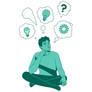 A teal thinker is sitting in a contemplative pose, surrounded by a collection of floating bubbles. Each bubble contains different symbols and icons, such as a light bulb, a question mark, and a gear, representing varied insights. The bubbles are in shades of white, gently reflecting light. The thinker gazes upwards through the bubbles, with a thoughtful expression on their face, embodying the pursuit of knowledge and understanding. The scene captures a moment of reflection and inspiration.