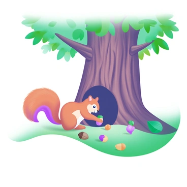 A cute squirrel with brown fur is collecting acorns on the ground near its hollow. The hollow is located in the trunk of a towering tree with thick, textured bark. The background shows green leaves in varying shades, creating a vibrant canopy above. Several acorns are scattered around the squirrel, and a few are tucked away in the hollow. Soft sunlight filters through the leaves, casting gentle shadows on the ground.