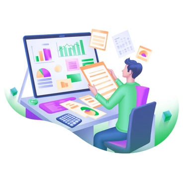A modern pastel illustration featuring a financial planner sitting at a sleek desk, focused on analyzing an investment ledger. The planner is surrounded by various colorful graphs and charts displayed on a large screen in front of them. The screen shows a line graph, a pie chart, and a bar graph, illustrating different investment data. Various financial documents are scattered across the desk, and a calculator is nearby. Bright ambient lighting enhances the workspace, giving a professional yet inviting atmosphere.