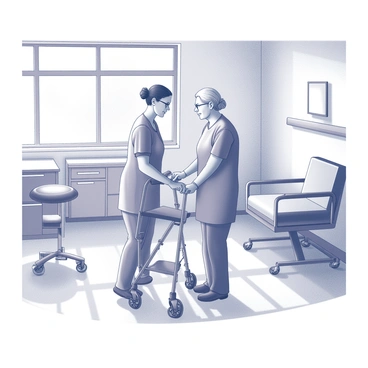 A nurse assisting an elderly patient in a rehabilitation room. The nurse is positioned beside the patient, who is using a walker for support. The patient has gray hair and is dressed in a hospital gown. The room is equipped with various rehabilitation equipment, and there are windows allowing natural light to flood in. The sunlight creates soft shadows on the floor, highlighting the supportive interaction between the nurse and the patient.