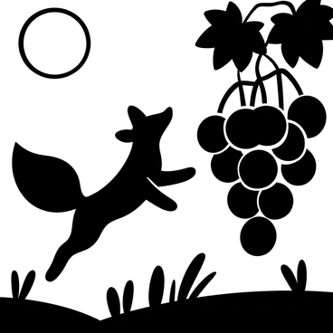 A shadow silhouette of a fox with a sleek body and pointed ears is depicted leaping gracefully towards a cluster of detailed grapes. The cluster of grapes hangs from a vine, showcasing rounded shapes in close proximity. A full moon casts a soft glow, illuminating the scene and creating a stark contrast between the shadow of the fox and the surrounding elements. The background is filled with an atmosphere of night, enhancing the silhouette of the fox and the cluster of grapes.