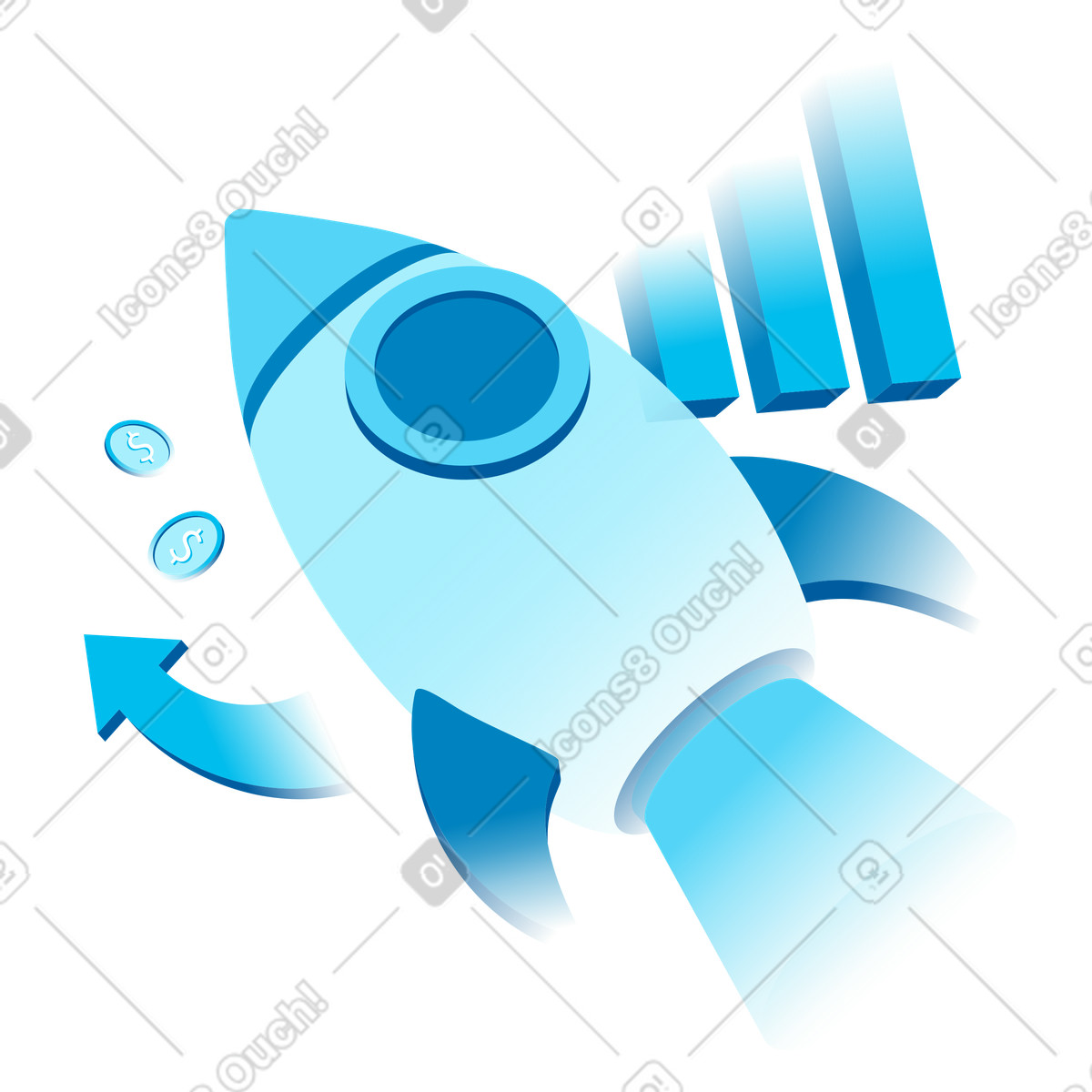 Ilustración Lanzamiento de startups con cohetes y métricas en estilo Icy a descargar en PNG SVG