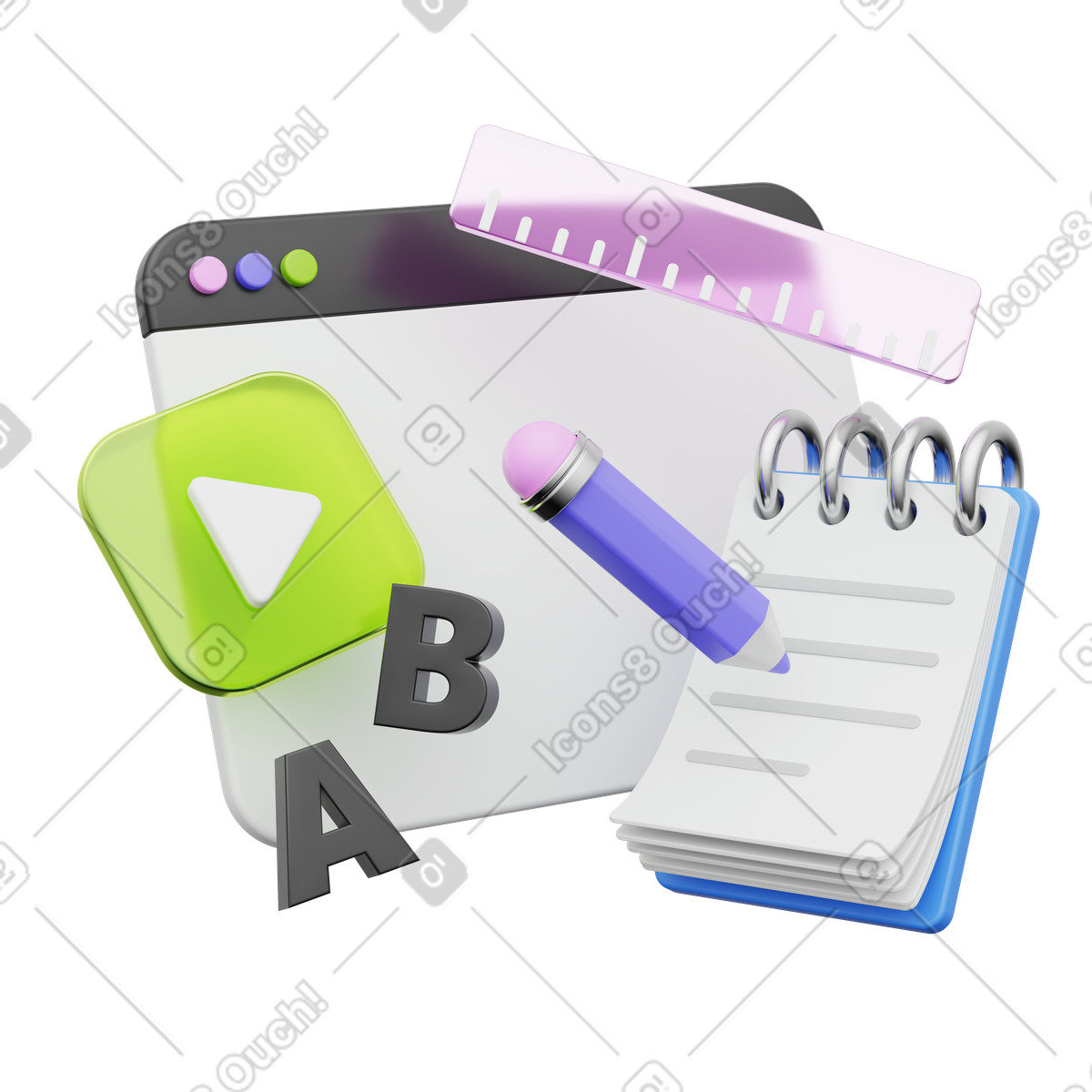 Online education, browser with notepad and pencil, learning tools, interactive study materials for note-taking illustration in PNG, SVG