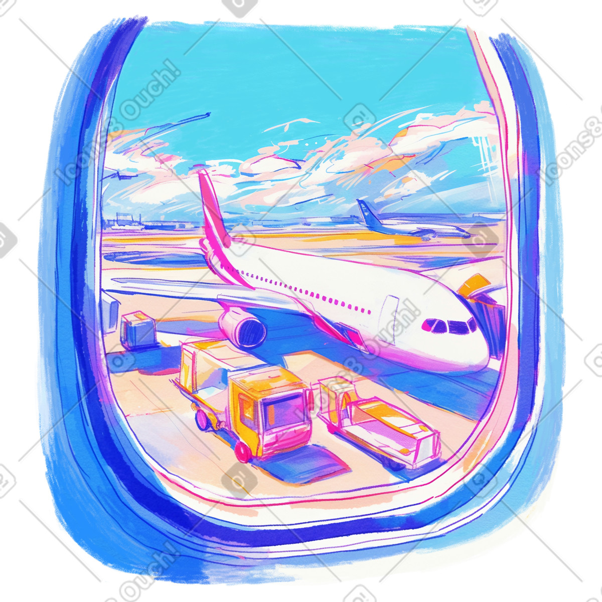 Bleistiftzeichnung der ansicht aus dem inneren eines flugzeugs-Illustration im Fuchsia-Stil als Download in PNG, SVG