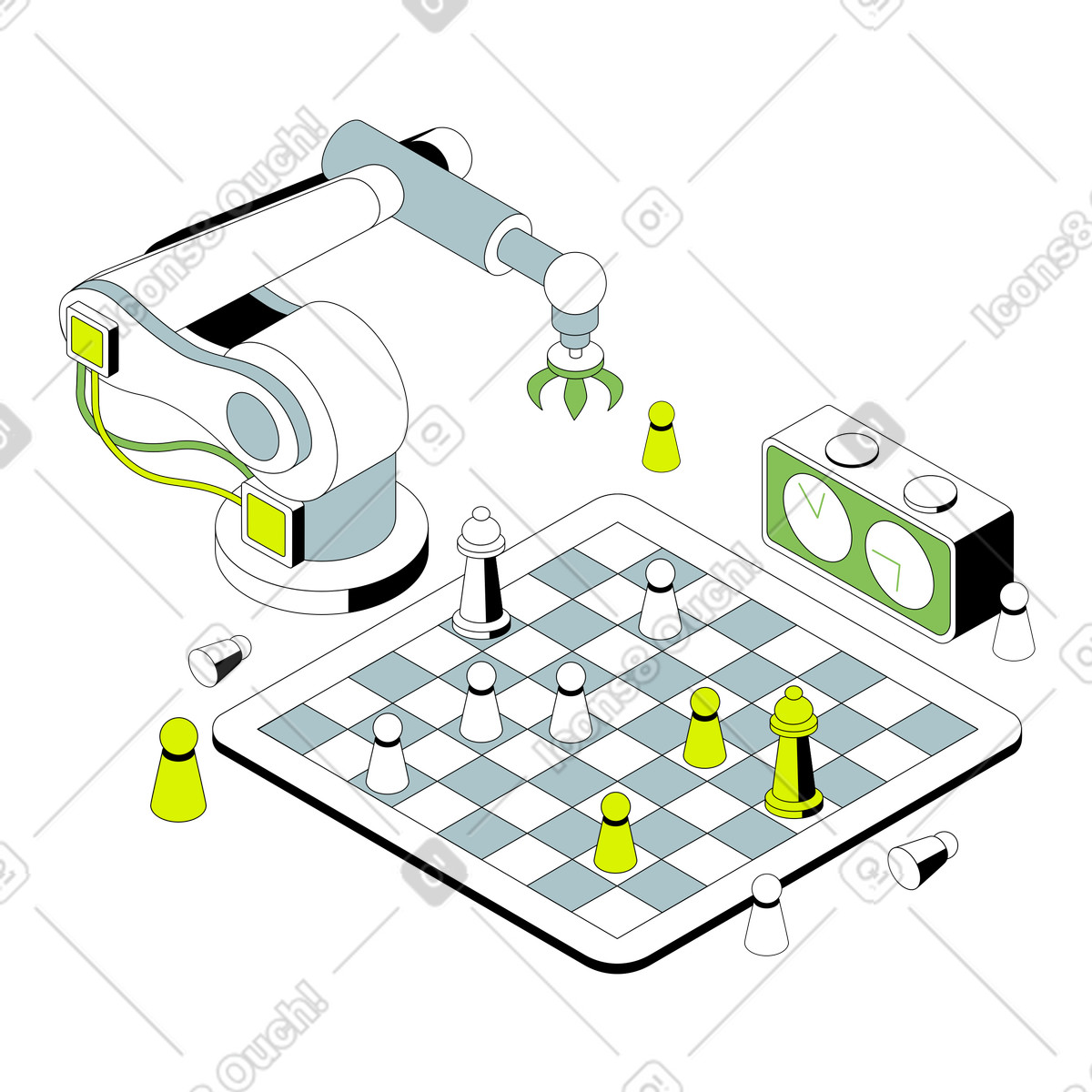Strategy development with robot arm, chess board and pieces illustration in Isometric style download in PNG, SVG