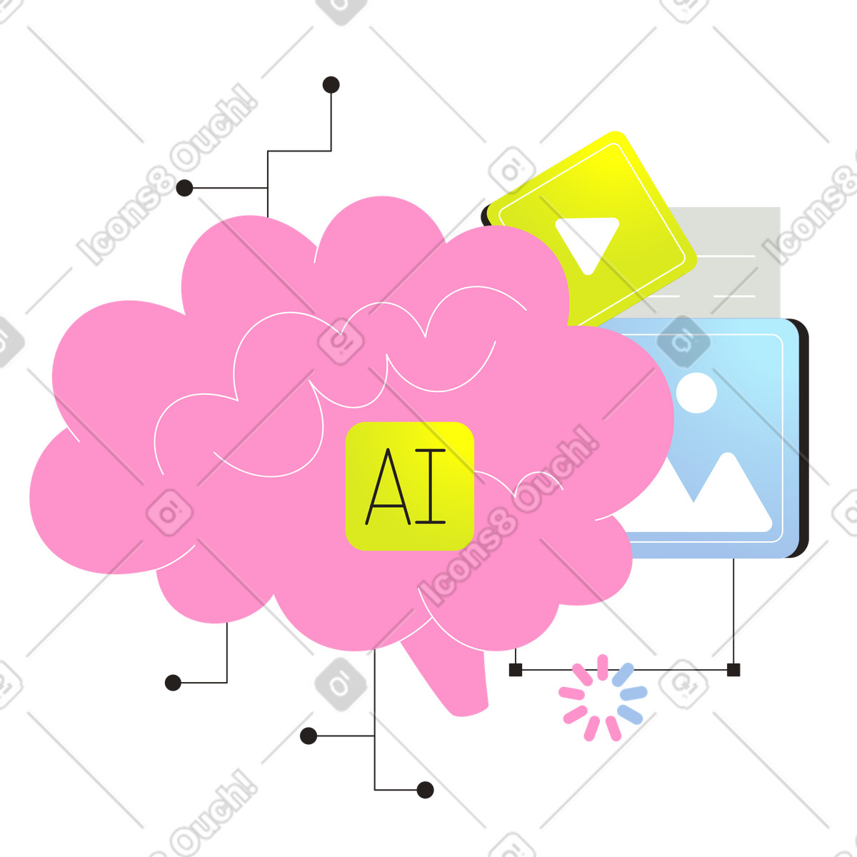 Illustration Téléchargement de fichiers numériques par un cerveau intelligent dans le style Like à télécharger aux formats PNG, SVG