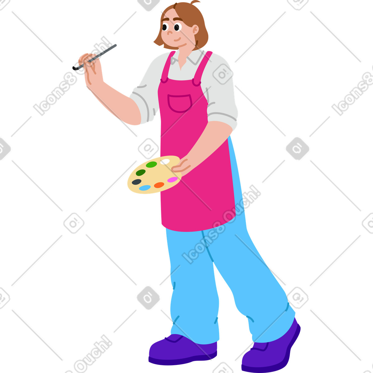 Illustration Jeune femme artiste avec pinceau et palette de peinture dans le style Active à télécharger aux formats PNG, SVG