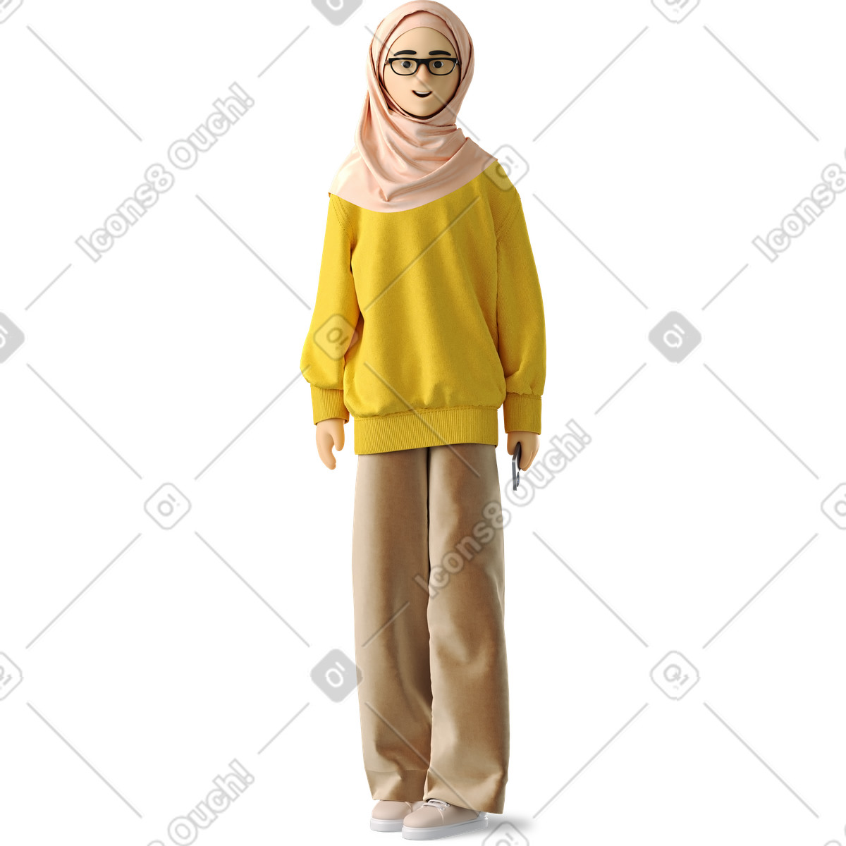 Illustration Young woman in hijab with phone dans le style 3D Business à télécharger aux formats PNG, SVG