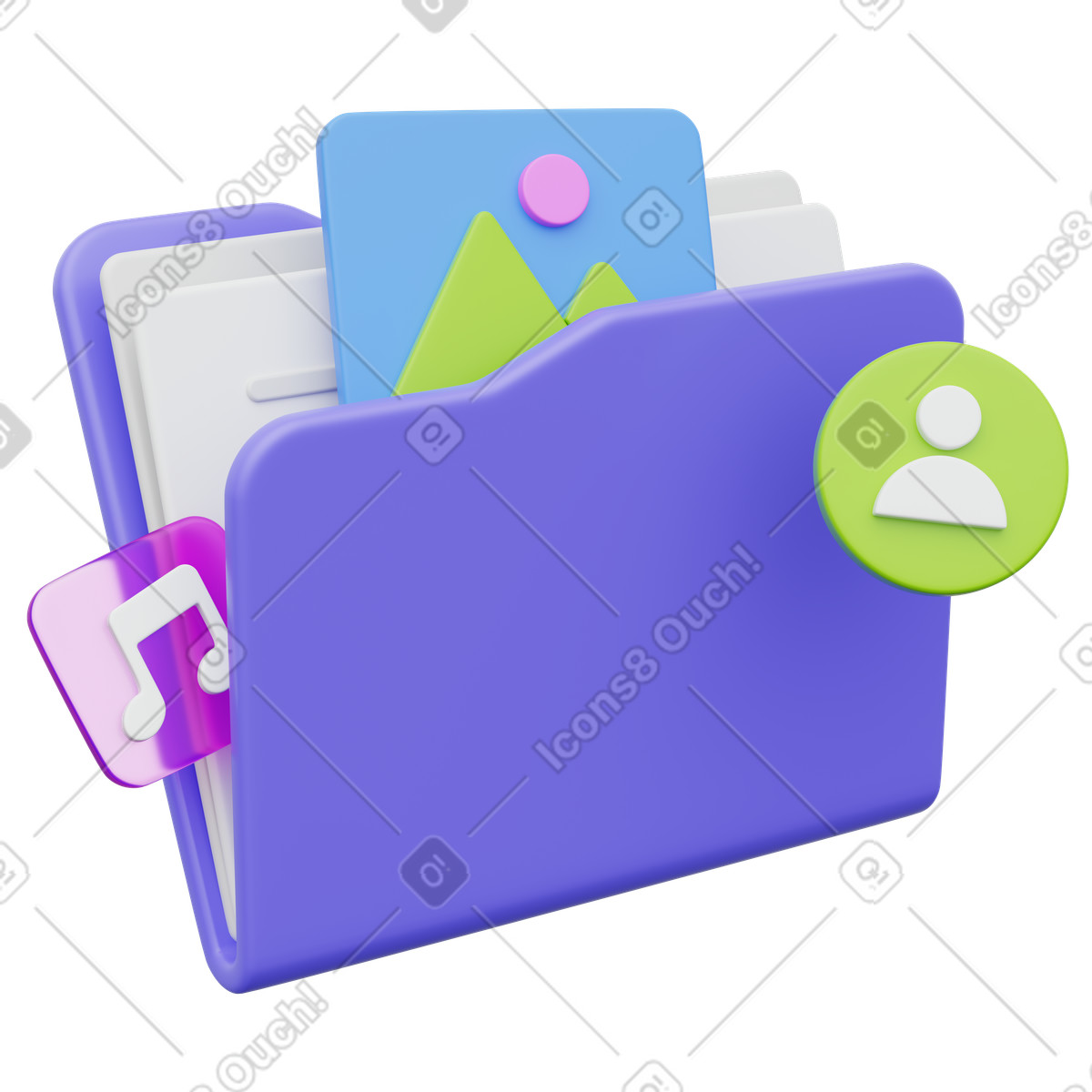 下载 3D Playful 风格的 Folder with multimedia files for user profile data organization 插画，支持 PNG、SVG 格式