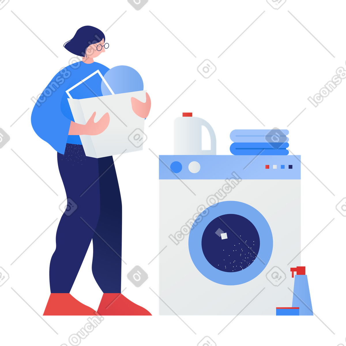 Loading laundry into washing machine, home chores and routine illustration in Clip style download in PNG, SVG