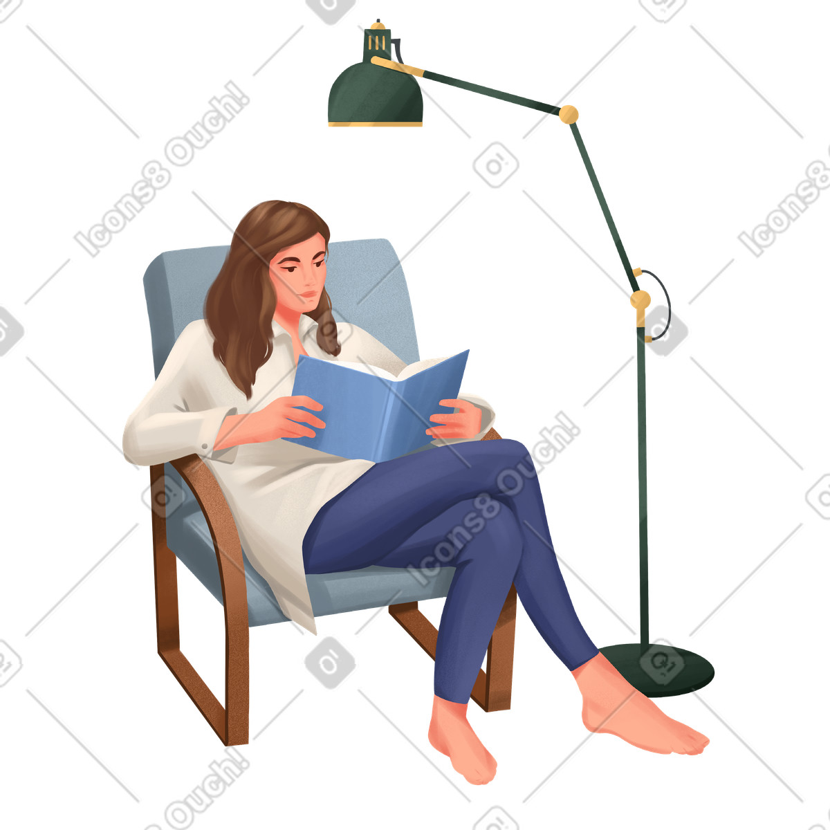 Girl reading a book illustration beside a floor lamp clipart image in PNG SVG GIF