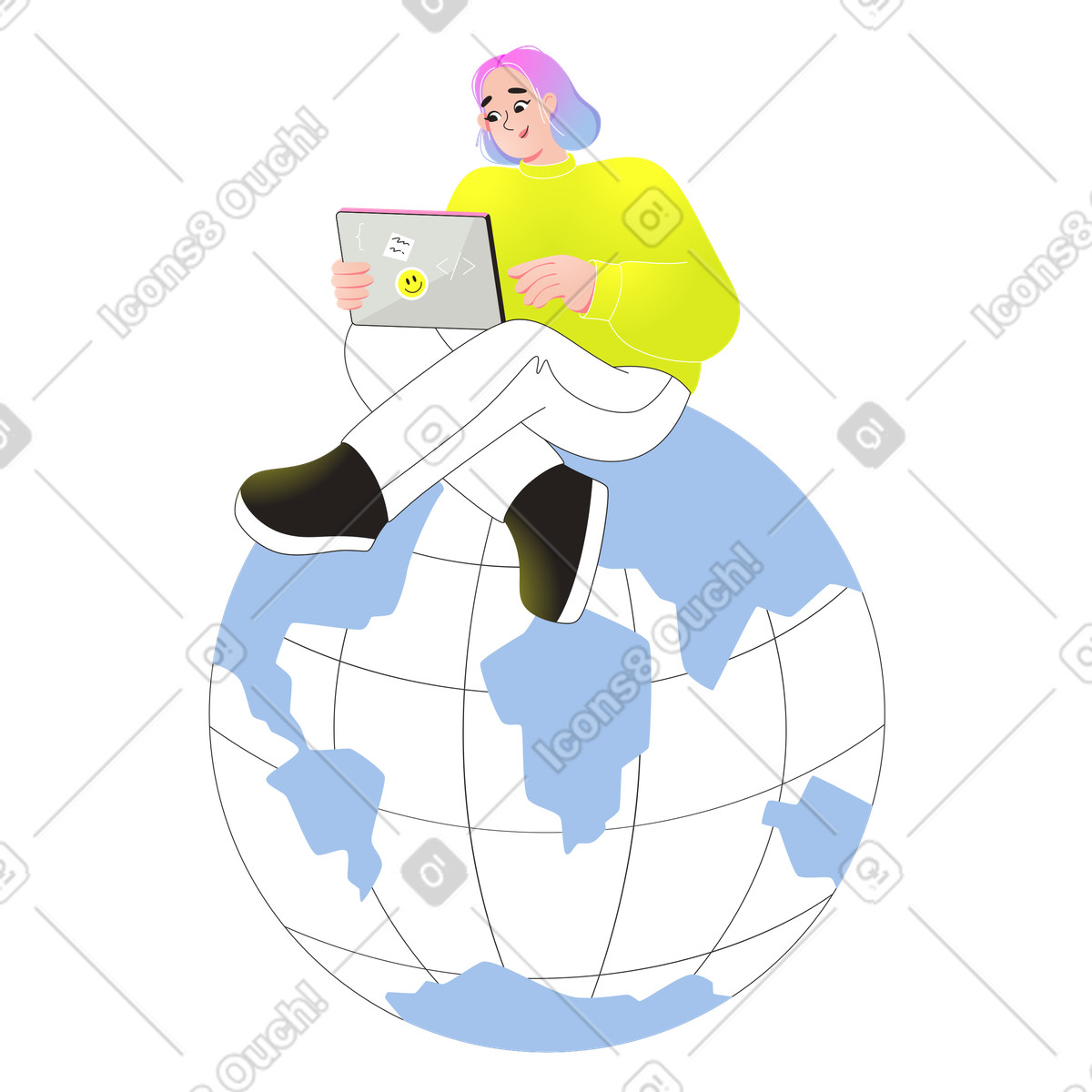 Woman with tablet sitting on Earth model illustration in Like style download in PNG, SVG