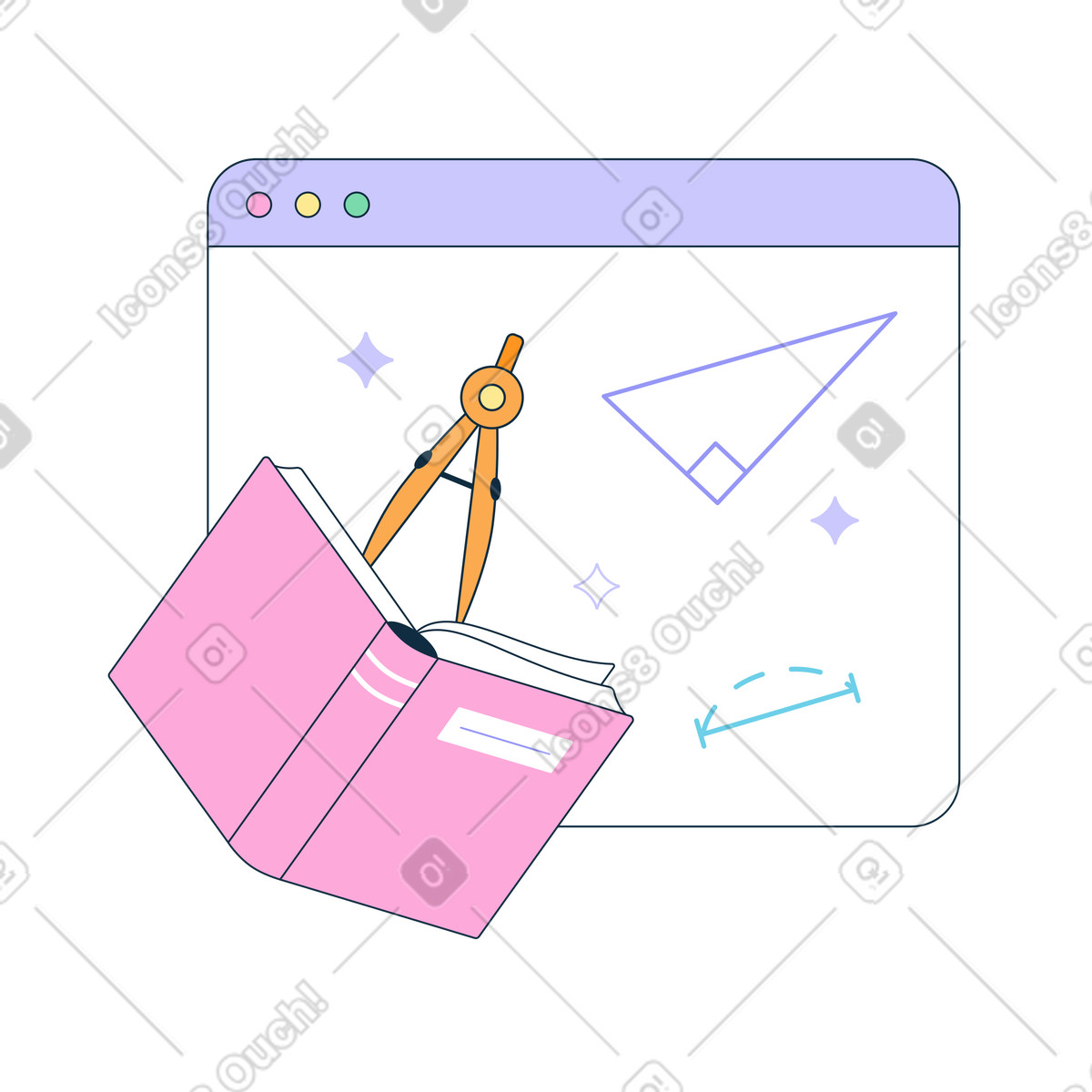 Browser with a book, compass and drawings illustration in PNG, SVG