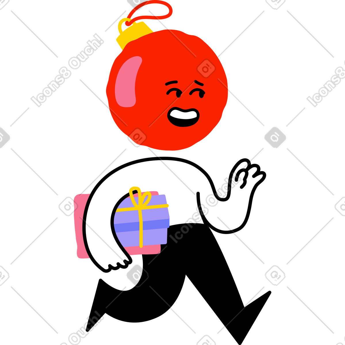 Character with a christmas tree toy head carrying presents illustration in Giggle style download in PNG, SVG