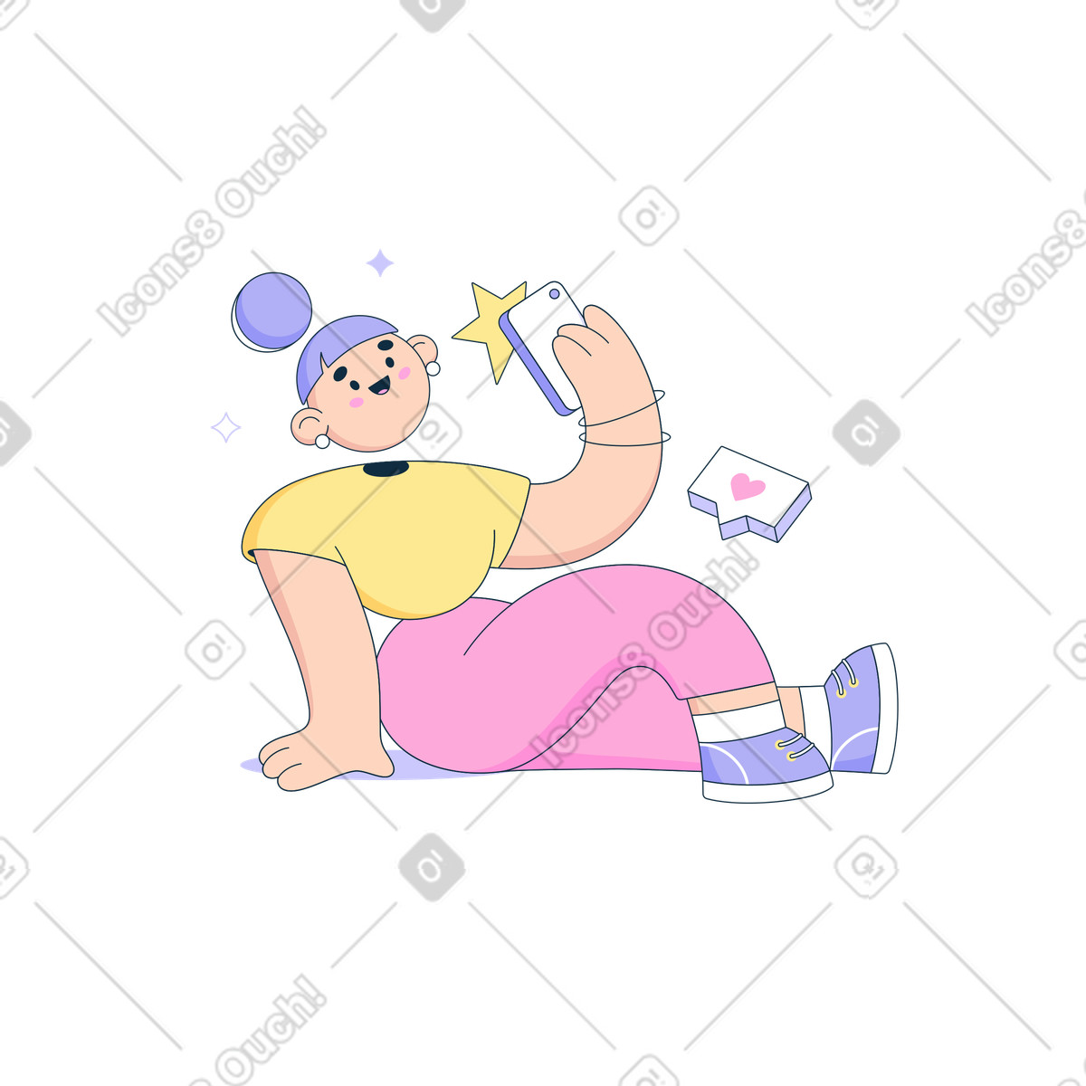 Donna che prende selfie sul telefono illustrazione animata in stile Bubble gum scaricabile in GIF, Lottie (JSON), AE