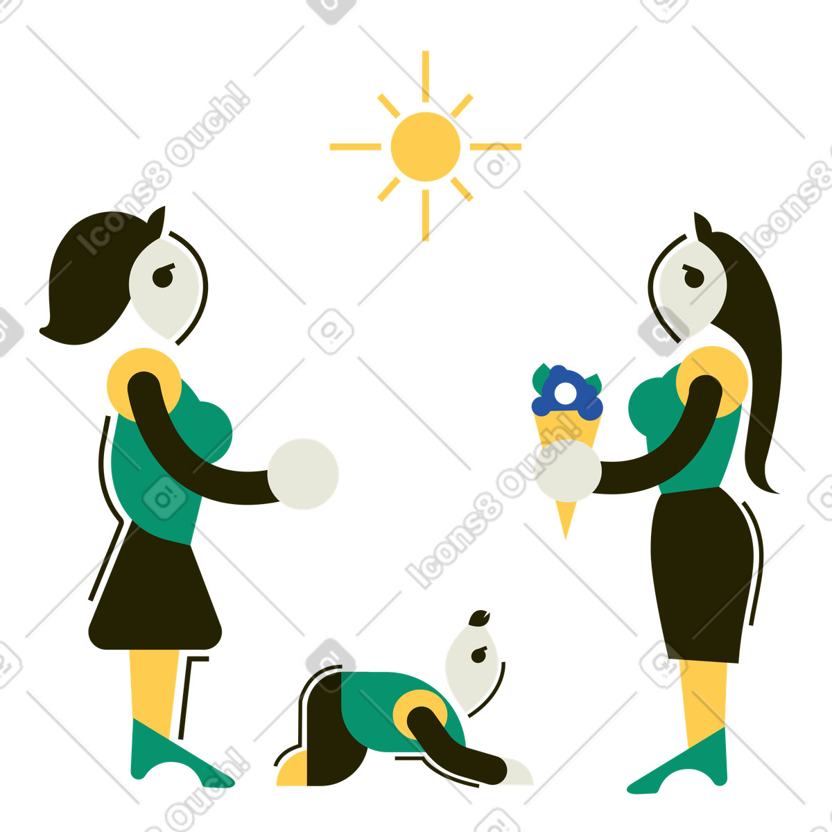 Due donne e il loro bambino escono illustrazione in stile Spot scarica in PNG, SVG