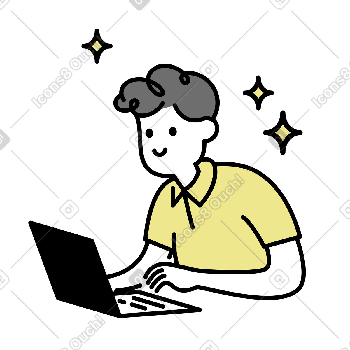 Ilustración Empleado feliz trabajando en una computadora portátil estilo Mochi a descargar PNG y SVG