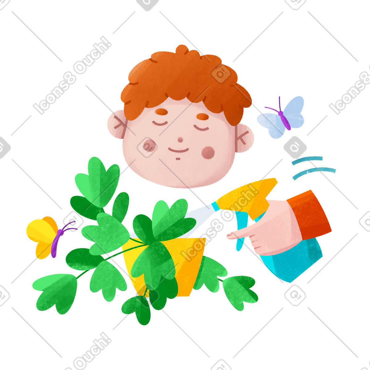下载 Bonbon 风格的 Watering houseplant with spray bottle, Caring for plant and gardening 插画，支持 PNG、SVG 格式