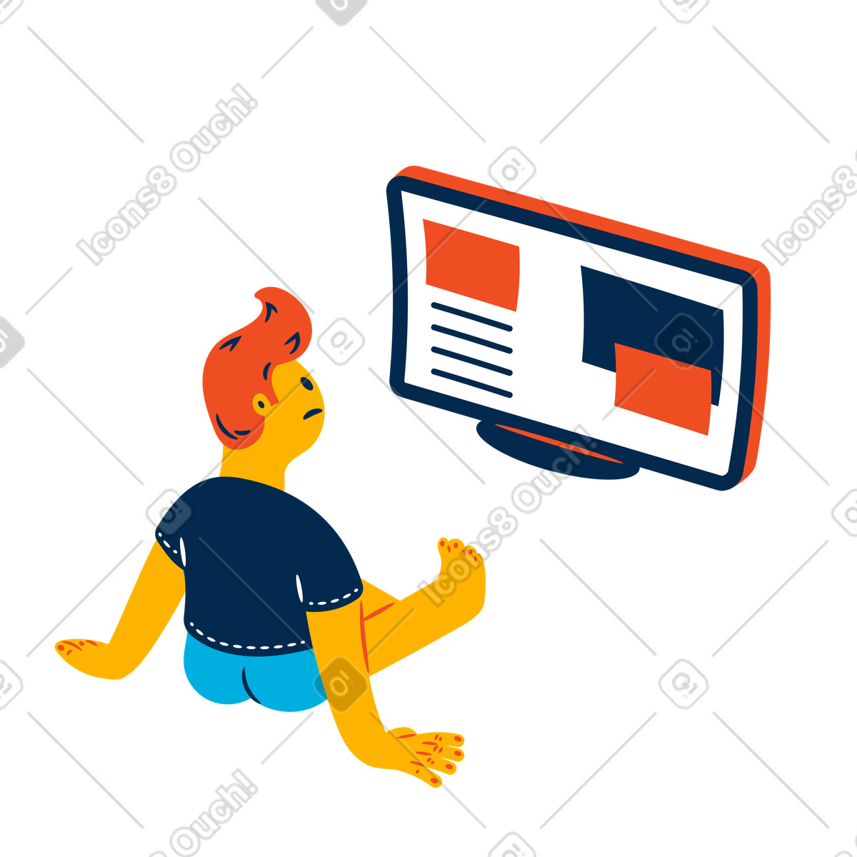 Man sitting on the floor and looking at computer screen with text illustration in Flame style download in PNG, SVG