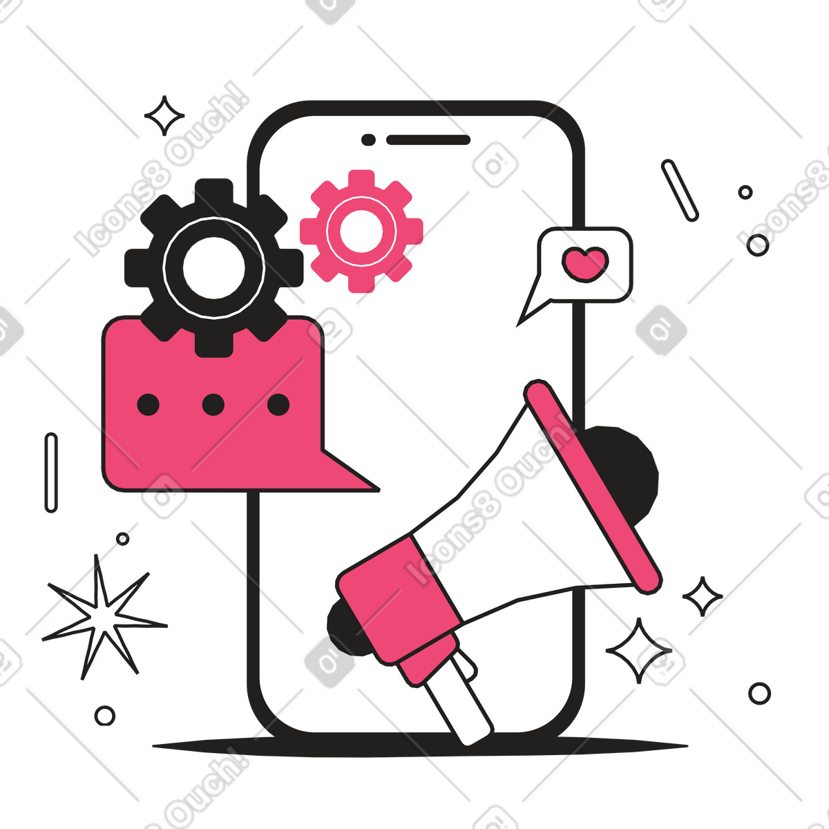 下载 Dazzle Line 风格的 Megaphone and chat overlay on smartphone, Digital advertising engagement 插画，支持 PNG、SVG 格式