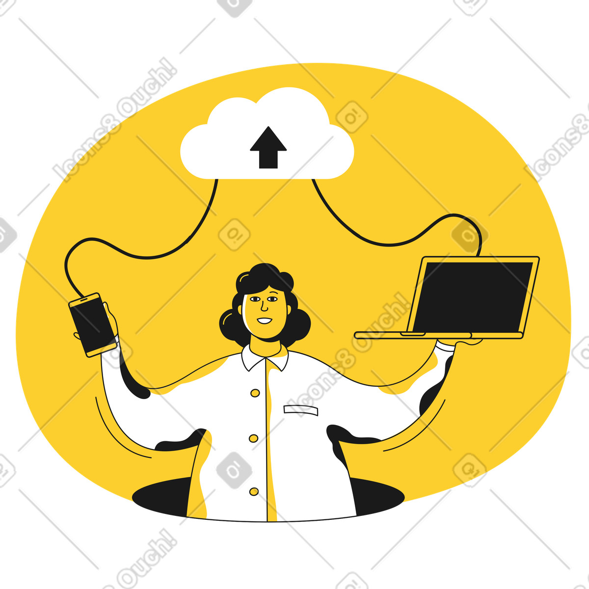 Ilustración Mujer transmite información mediante almacenamiento en la nube estilo Taxi a descargar PNG y SVG