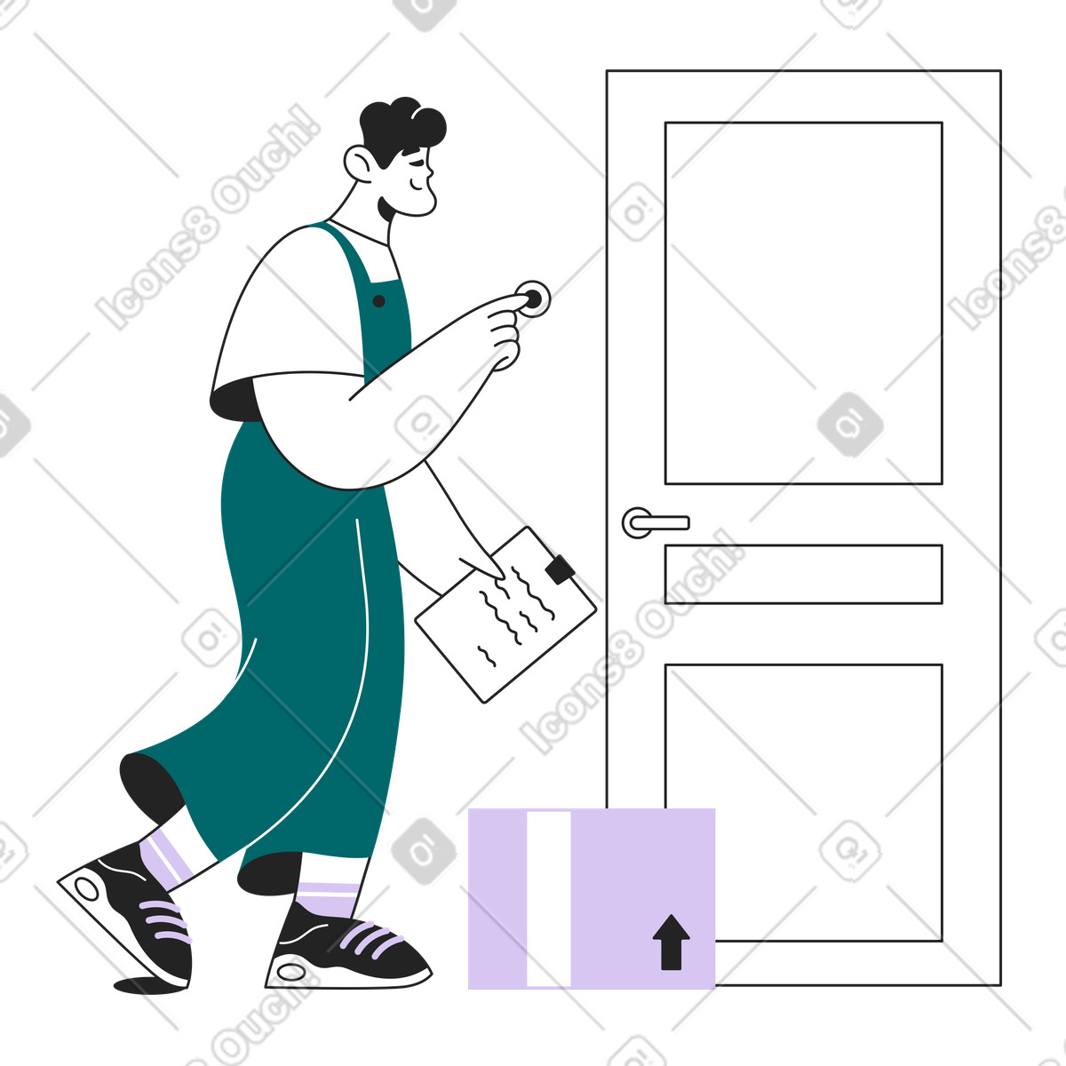 Delivery man with a parcel rings the doorbell illustration in Sammy Line style download in PNG, SVG