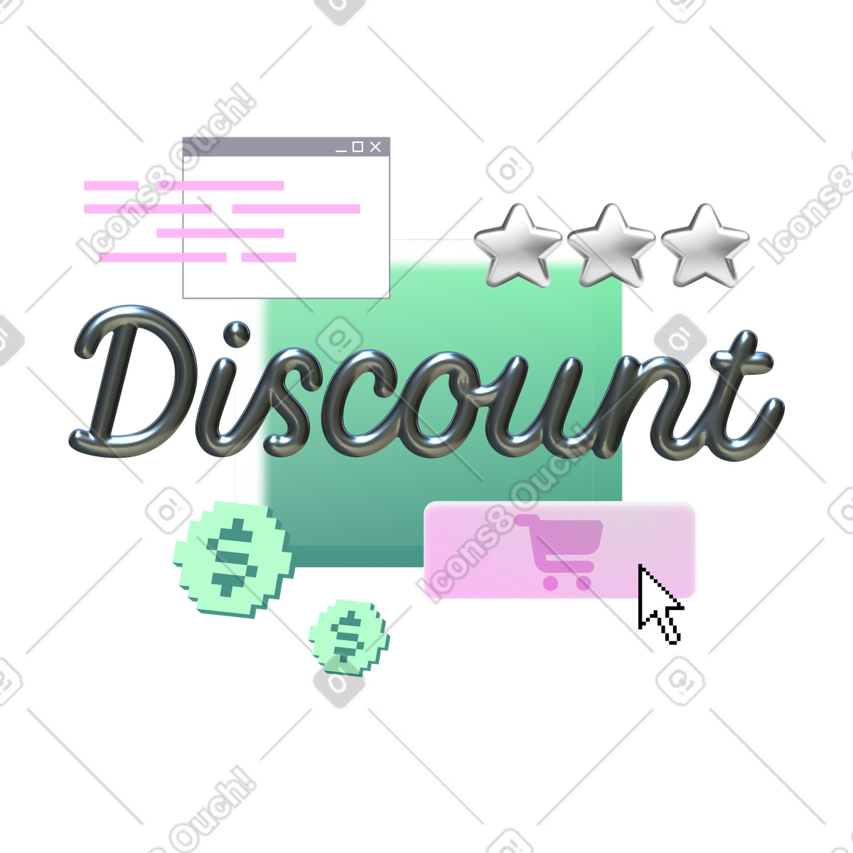 Sconto sul testo 3d e acquisti online illustrazione in stile Chromed scarica in PNG, SVG