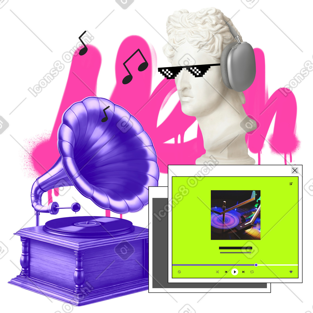 Ilustración Servicios de transmisión música con busto escultural y gramófono en estilo Jumble a descargar en PNG SVG