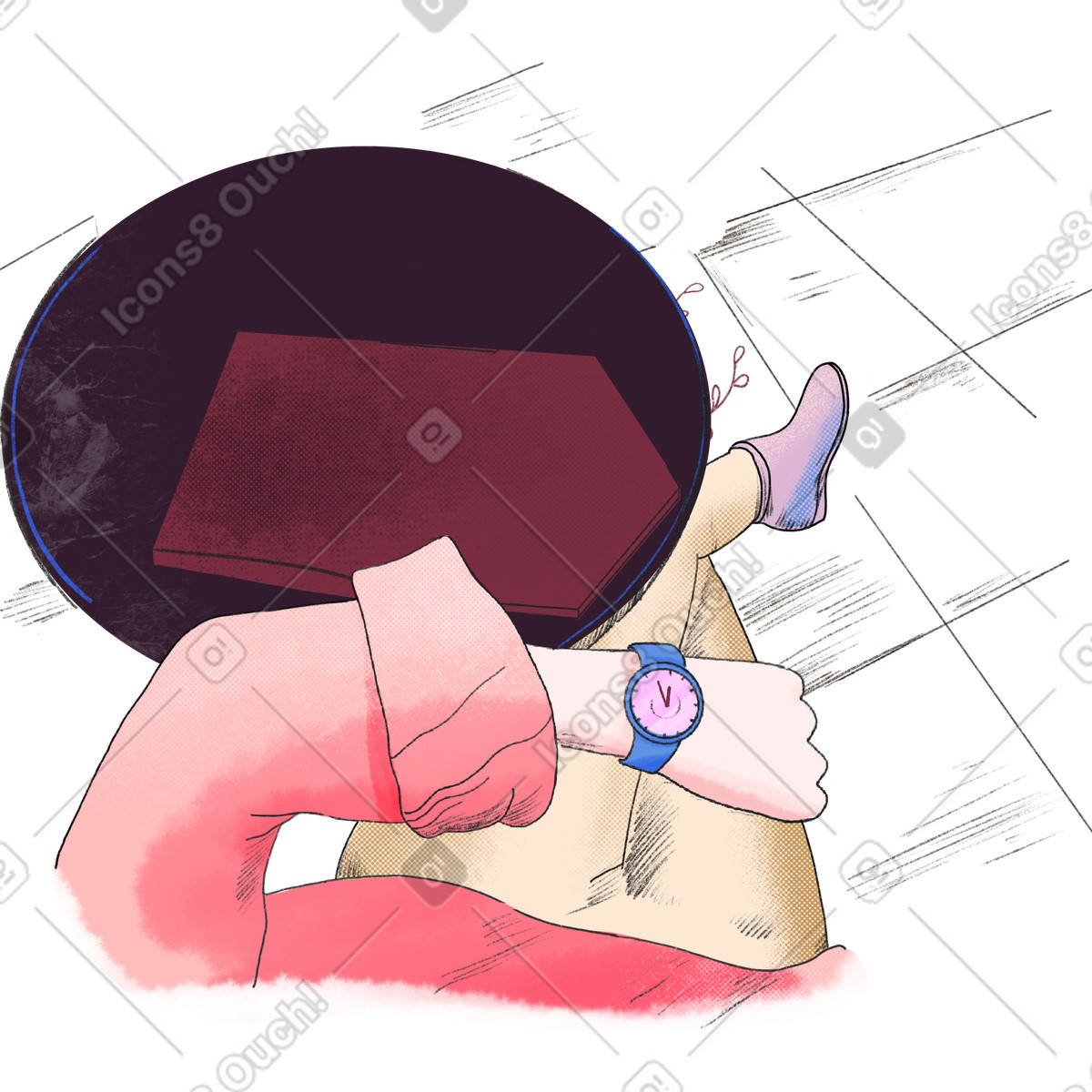下载 Moments 风格的 Woman with a watch in her hands is sitting at round table 插画，支持 PNG、SVG 格式