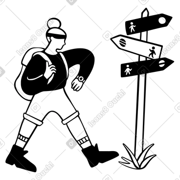 Woman with backpack hiking by signpost, looking at smartwatch PNG, SVG