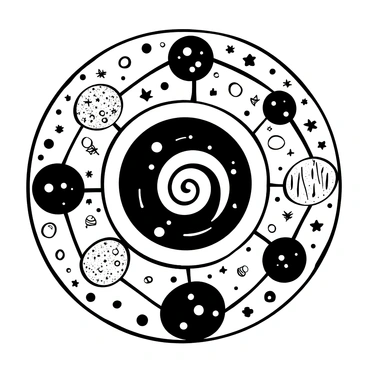 A large mandala design comprised of intricate circular patterns. The central part showcases a large spiral galaxy, with detailed swirls representing stars and cosmic dust. Surrounding the galaxy are smaller circles, each containing representations of different planets, showcasing various textures and sizes. The outer layers of the mandala feature star patterns arranged symmetrically, symbolizing the vastness of the cosmos. Lines and curves radiate outward, connecting all elements harmoniously to create a unified cosmic theme.