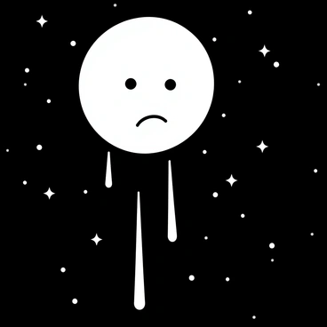 The moon is depicted in the night sky, with a sad expression on its surface. It is shedding tears that resemble meteors as they streak downwards. The background is filled with countless stars, twinkling in the vast expanse of the night. The overall scene conveys a sense of contrast between the soft glow of the moon and the sharp, bright trails of the falling tears.