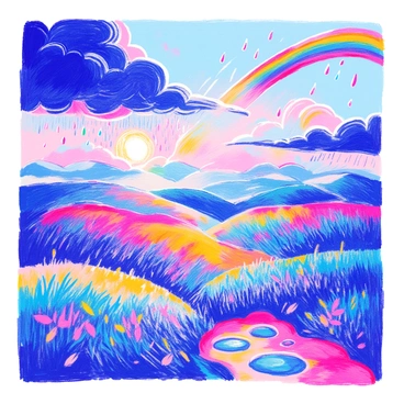 A vivid landscape features various weather patterns in the sky. Dark, fluffy clouds gather, resembling rounded shapes, and from them, elongated raindrops fall in a rhythmic pattern. The sun peeks through a gap in the clouds, casting light and creating a contrast against the darkened area. In the background, a rainbow arcs across the sky, adding vibrant colors against the gray clouds. The ground below is a mix of lush green grass and small puddles reflecting the unique cloud shapes above.