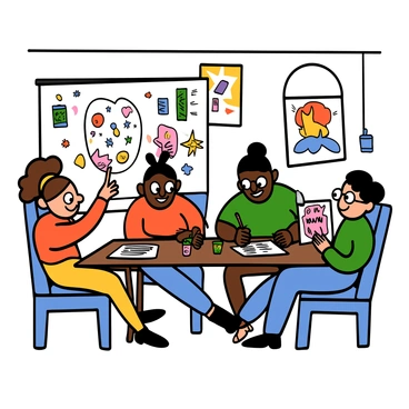 A group of four diverse students sitting around a table, each presenting their illustrations to one another. A light-skinned girl with big eyes and curly hair is enthusiastically pointing at her colorful drawing, while a dark-skinned boy with big eyes and braids nods in approval. Another student, a medium-skinned boy with big eyes and short hair, is jotting down notes, and a light-skinned boy with big eyes and glasses is smiling as he holds his own artwork. The setting is bright and inviting, with art supplies scattered on the table and the walls adorned with their creative works.