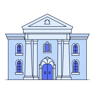 A historical building with intricate architectural details. The structure features large stone columns and arched windows. Decorative carvings adorn the facade, showcasing artistic craftsmanship. Markers are placed around the building, pointing out specific features like the ornate doorways and the unique roofline. The building is set against a clear sky, allowing its details to stand out prominently.