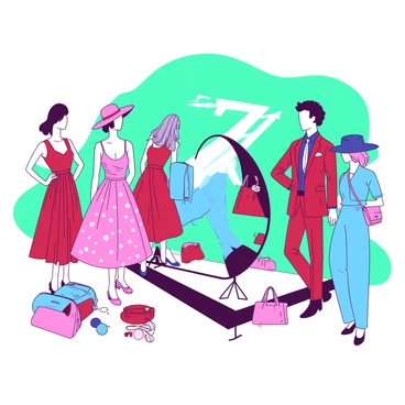 A teal background features a variety of fashion elements scattered throughout the scene. There are vibrant outfits showcasing different styles, including a pink dress with floral patterns, a red tailored suit, and blue casual wear. Mannequins of various body types are adorned with these outfits, creating a diverse display of fashion. Accessories like colorful handbags, stylish hats, and elegant shoes are placed around the mannequins, enhancing the overall scene. In the center, a large circular mirror reflects the vibrant fashion display, adding depth to the composition. The arrangement of these elements forms a harmonious visual celebration of style and diversity.