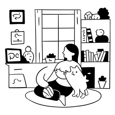 A girl with long hair sitting on the floor of her room, surrounded by toys and a cozy atmosphere. She is playing with a fluffy cat that is pawing at a ball of yarn. The walls of the room are adorned with posters and shelves filled with books and stuffed animals. A soft rug lies beneath her, and sunlight streams through the window, casting gentle shadows across the scene.