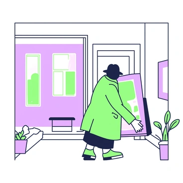 A figure is sneaking a famous painting out of a gallery, hidden under a coat. The figure is wearing a dark hat that obscures their face. The coat is long and flows down to their knees, concealing the painting they are carrying. The painting is partially visible, revealing a colorful edge peeking out from under the coat. The gallery is adorned with elegant frames and artwork on the walls, with soft lighting illuminating the space. A small bench can be seen in the corner, and a potted plant is placed near the entrance.