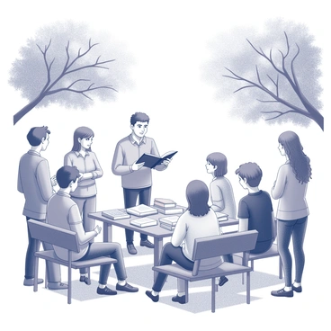 A gathering of individuals in a park setting for a community book exchange. In the center, a man with a thoughtful expression is holding a book open, gesturing to share his favorite stories with the group around him. Various people of different ages are sitting on benches and standing nearby, attentively listening and engaging in conversation. Stacks of books are placed on a nearby table, showcasing diverse genres. Trees surround the area, providing shade and a natural atmosphere, while some sunlight filters through the leaves, casting dappled shadows on the ground.