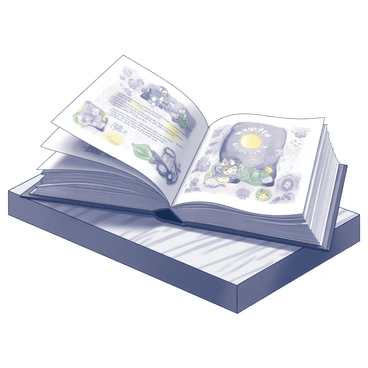 A small illustrated storybook is open on a wooden table. The cover of the book features intricate patterns and a whimsical title in bold lettering. The pages are filled with detailed drawings, each vibrant and carefully crafted, depicting enchanting characters and lively scenes. The wooden table shows a natural grain pattern, with soft, warm lighting highlighting the textures of both the wood and the illustrations within the book. The setting conveys a sense of inviting warmth, drawing attention to the artistry of the storybook.