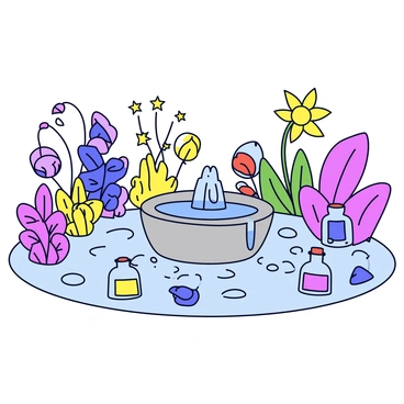 A whimsical garden filled with various strange plants in vibrant colors and unusual shapes. Some plants have bright purple leaves while others feature golden blossoms. Scattered throughout the garden are several small glass bottles filled with colorful potions, each with unique shapes and labels. In the center of the garden stands a bubbling fountain made of stone, with water gently flowing over its edges and creating small splashes around it. The atmosphere is lively and playful, showcasing the enchanting nature of this garden.