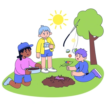 A group of three children is in a backyard, each eagerly searching for earthworms and bugs. One child is kneeling on the grass, holding a small container filled with dirt and wriggling earthworms. Another child stands nearby, examining a colorful bug perched on a leaf. The third child is digging in the soil with a small trowel, looking excited. The sun is shining brightly, and the grass is lush and green. A fishing rod leans against a tree in the background, hinting at their fishing adventure.