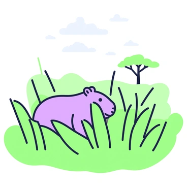 A capybara is standing in a patch of tall grass on the savannah. Its fur has a soft texture, and it is peering curiously through the blades of grass. The surrounding grass is lush and green, creating a natural frame around the capybara. In the background, there are distant silhouettes of acacia trees dotting the landscape. The sky above is clear, with a few fluffy clouds scattered throughout. The scene captures a moment of tranquility in the wild.