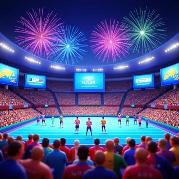 A vibrant scene of a "Paralympic closing ceremony" filled with color and energy. The stadium is filled with diverse athletes from around the world, wearing bright uniforms that represent their nations. "Fireworks" burst in various colors above the venue, illuminating the night sky with dazzling effects. There are "flags" of different countries waving proudly among the crowd. The atmosphere is festive and celebratory, capturing the spirit of unity and achievement among the participants. Large screens display "messages of congratulations" and highlights from the games, adding to the lively ambiance.