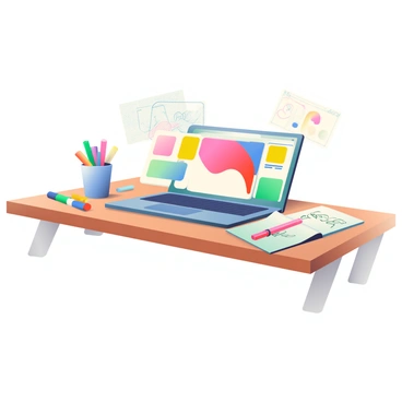 An illustrator's desk is filled with various sketches and drawings scattered across the surface. There are several pens of different colors lying next to a closed sketchbook. A laptop with drawing software is open at the center of the desk, displaying a vibrant digital canvas. To the left of the laptop, there is a small stack of markers in a cup, alongside a few erasers and a ruler. The desk itself is made of wood, and the background features a soft gradient, creating a visually appealing atmosphere.