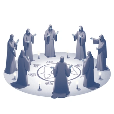 A group of sorcerers standing in a circle, each wearing dark robes that flow around them. They are engaged in a ceremonial ritual, with their arms raised and hands gesturing toward the center. Surrounding them are flickering candles arranged in a circular pattern, casting shadows on the ground. Various symbols are drawn in the sand beneath their feet, forming intricate designs that connect each sorcerer to the circle. The atmosphere is filled with an intense focus as they concentrate on the ritual.