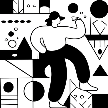 A bold black-and-white illustration of a person wearing oversized accessories, including a large hat and chunky bracelets. The individual is positioned against a background filled with dynamic geometric patterns, such as triangles, circles, and squares, interacting and overlapping in various sizes. The accessories are distinct and exaggerated, creating a stark contrast with the intricate patterns surrounding them.